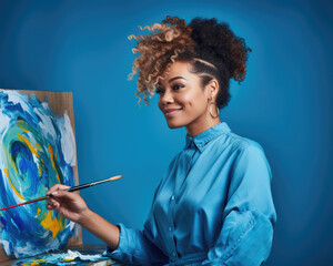 Passionate African American Artist in Vibrant Blue Smock: Immersed in Canvas Creation with Curly Bun Elegance