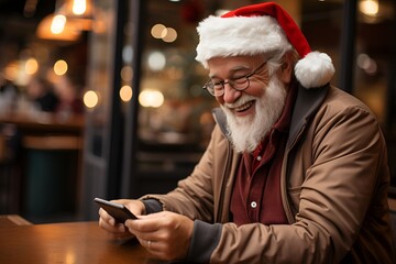 Generative AI image of portrait of smiling senior man in Santa Claus hat with long white beard looking at camera against dark background - obrazy, fototapety, plakaty