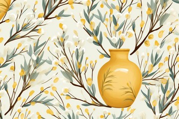 A seamless pattern for Easter featuring willow branches and a vase. Generative AI - obrazy, fototapety, plakaty