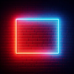 Abstract glowing recta neon red and blue light on a brick wall 