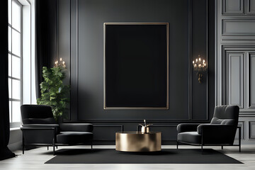Black luxury modern living room with armchair and big mockup frame. Black apartment room design