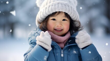 Cute little Happy kid wearing worm clothes playing outdoors in cold winter with  copy space background, winter holiday concept