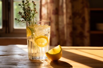 Sunlit Glass of Lemon Rosemary Water Rests on an Old Wooden Table for a Healthy Afternoon Refreshment