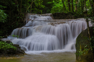 Erawan Waterfall Thailand during rain season, a beautiful deep forest waterfall in Thailand. Erawan Waterfall in National Park