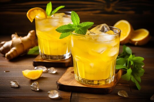 A Perfect Summer Quencher: Mango and Ginger Ale Served Chilled with Fresh Fruit Garnish