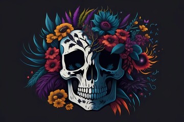 For t-shirt, skull face, with flowers around, gothic, with monochrome background