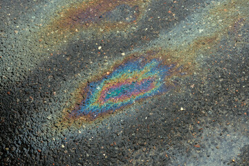 Spots of oil or gasoline are scattered randomly on the asphalt after rain. Abstract background close-up