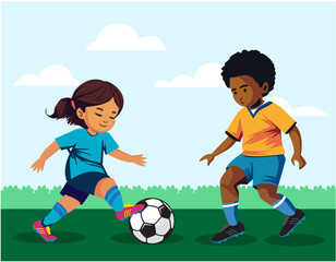 scene of a girl and a boy playing soccer, children playing football, futbol scene in the park © David Santos Mendoza