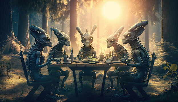 Group of alien beings having a picnic in the forest in glowing light. Extraterrestrial life.