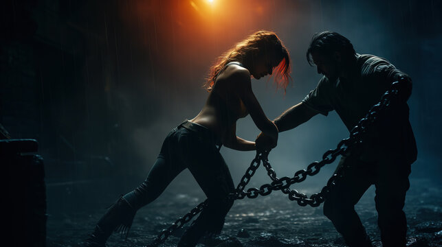 Man and woman fighting and trying to break the chains that connect them. Lovers trying to sever the connection and separate. Concept of karmic ties, attachment, and relationships.
