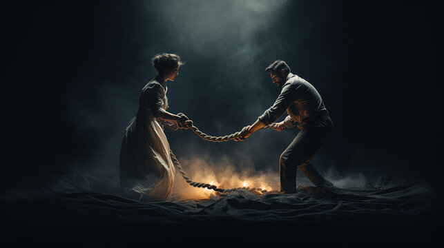 Man and woman tied with a rope. Lovers pulling ends of the rope. Concept of karmic ties, attachment, and relationships.