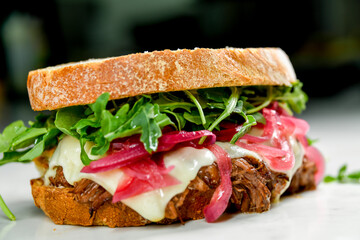 Pulled pork sandwich with arugula and pickled onions, close-up view