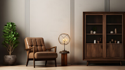 Fototapeta na wymiar a room with a vintage interior design in the form of a wooden cabinet and armchair