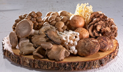 Variety of mushrooms on wooden plate