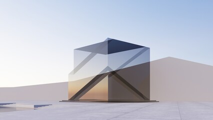 Abstract futuristic architecture design transparent cube shape, with sunset background
