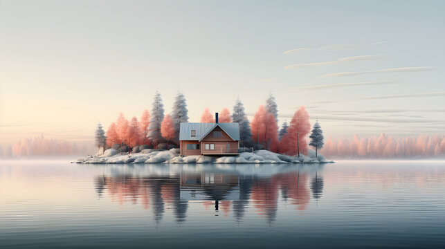 Serene minimalistic background with a small cabin house surrounded by water