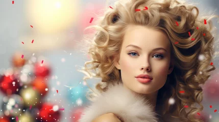 Foto auf Glas Christmas Woman Beauty. Beautiful Girl hairstyle in Fir Tree decor with Xmas Ornaments. Women Face Skin Winter Care. Fashion Model © PaulShlykov