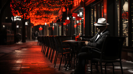 Fototapeta na wymiar Man sitting at outside table - restaurant - lounge - bar Christmas lights - stylish - holiday - festive 