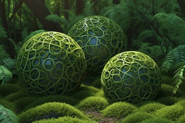 Three-dimensional verdant organic spheres. Generative AI