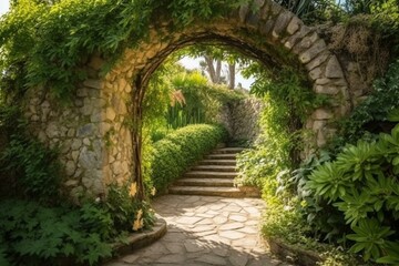 Beautiful magical garden archway for use as a background. Generative AI