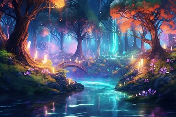 Illustration of enchanting fairy forest with magical lights, mysticism, realism, wild nature, river shining with neon colors, 3D artwork. Generative AI - obrazy, fototapety, plakaty