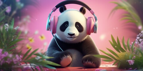 Cute baby panda listening to music with pink headphones. AI Generation 