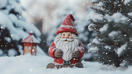 A Santa Claus figurine in the snow