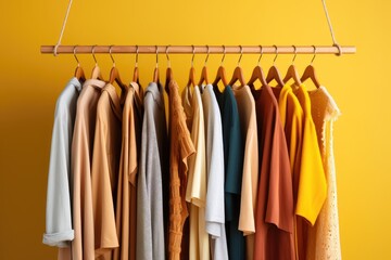 Wooden hangers with clothes on the rail in the store with women's clothing for sale. Flea market, second hand, discount, exchange, donation