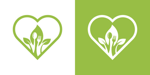 fork and spoon love logo design in leaf. organic food design. icon symbol for health restaurant food. love natural organic food - obrazy, fototapety, plakaty