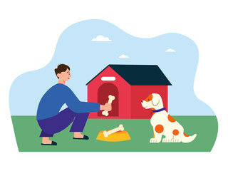 Man is playing with pet dog. Home activity vector illustration.