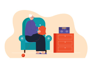 Grandma is knitting cloth. Home activity vector illustration.