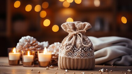 Inviting Holiday Home Decor Woolen Sock on Wood Table, Snowflakes, and Warm, Warm Winter Interior with Soft Colors and Cozy Atmosphere in the Living Room