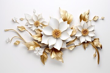 3d gold flowers white backgroung. - obrazy, fototapety, plakaty