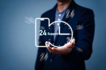 Businessman holding icon virtual 24 support services. Assistance with customer services. Care and consulting clients 24hr. worldwide nonstop and full-time available contract of service. Call Center