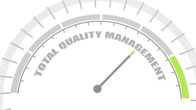 TQM Total Quality Management - describes a management approach to long-term success through customer satisfaction. Instrument scale with arrow. Colorful infographic gauge element.