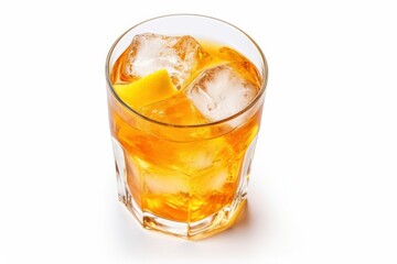 A glass of orange soda water with ice cubes on white background.