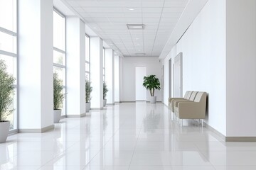 Obraz premium Interior design of a modern luxurious white building corridor or hallway with waiting seat.