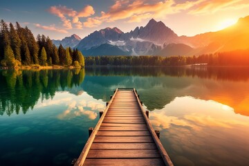 Impressive summer sunrise on Eibsee Lake with Zugspitze mountain range.