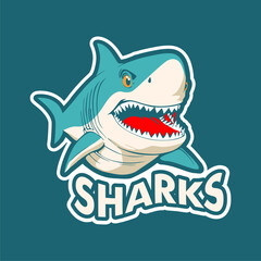 Cartoon shark mascot for sport and esport team club. Basketball or baseball and football, soccer or hockey varsity league players. Mascot badge of angry shark fish
