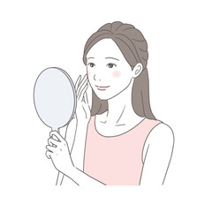 笑顔で手鏡を見る女性