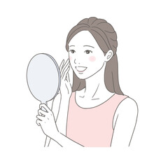 笑顔で手鏡を見る女性