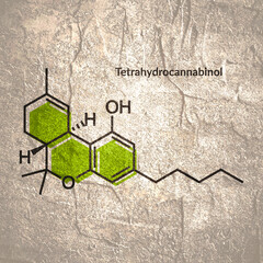 Tetrahydrocannabinol or THC molecular structural chemical formula. Futuristic science backdrop. Pharmacology concept