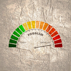 Easy and difficult problems. Concept of business, motivation, profit, ambitions. Instrument scale with arrow. Colorful infographic gauge element.