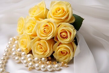 Obraz premium Yellow roses bouquet and pearls,in white background.