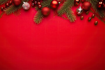 Christmas or New Year red background with fir decor.