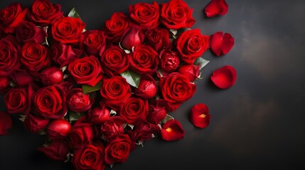 Red Roses arranged in a heart shape on dark background, banner, landscape, Valentine's Day love theme with copy space