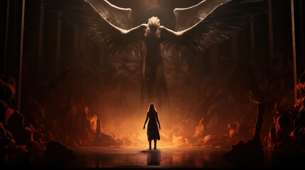 Darkness and light. Demonic angelic being appearing to a woman in a mystical cave. Lost soul witnessing an apparition of a powerful astral being, fallen angel.