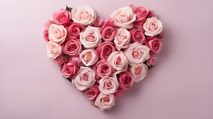 Pink Roses arranged in a heart shape on pink background, banner, landscape, Valentine's Day love theme with copy space - Powered by Adobe