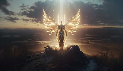 Powerful angel standing on a mountain peak in glowing golden light. Supernatural angelic being with wings.