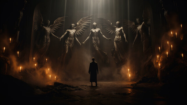 Darkness and light. Lost man surrounded by fallen angels. Mystical apparition of demonic angelic beings with wings.